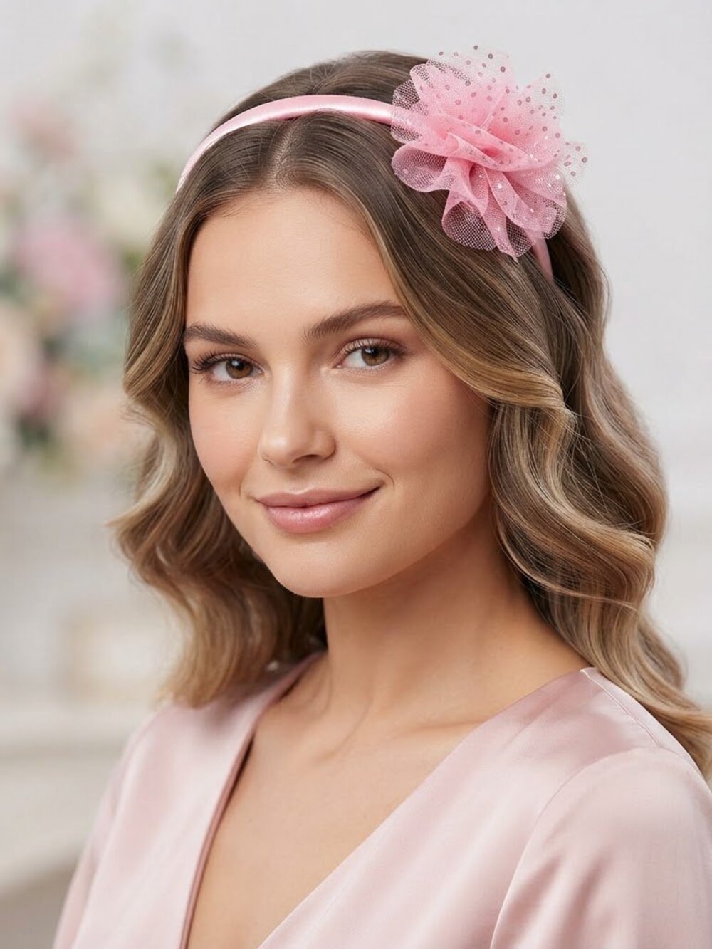 Pink Satin Headband with Large Glitter Mesh Flower Accent Hair Accessory
